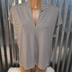H&M Black and Cream Striped V-neck Blouse